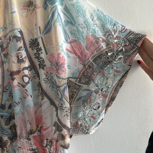 Spring floral duster, tie front, short sleeved, ruffle trim - Picture 2 of 8